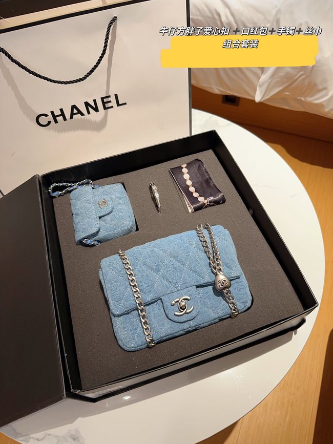 Chanel Denim Denim Love Golden Ball Square Fat Man Lipstick Bag Bracelet Scarf