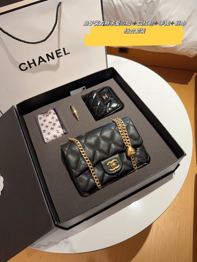 Chanel Caviar Love Golden Ball Fat Man Lipstick Bag Bracelet Scarf