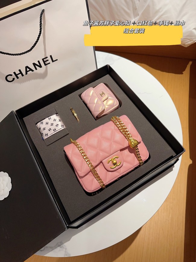 Chanel Caviar Love Golden Ball Fat Man Lipstick Bag Bracelet Scarf