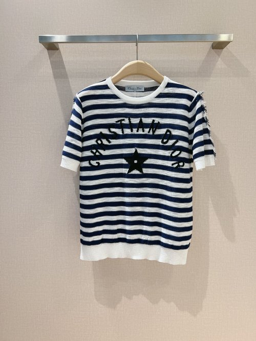 Dior Soft Breathable Knit Short-Sleeve Top with Stripe and Letter