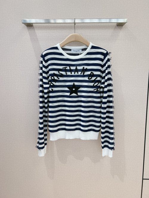 Dior Soft Breathable Knit Long-Sleeve Top with Stripe and Letter