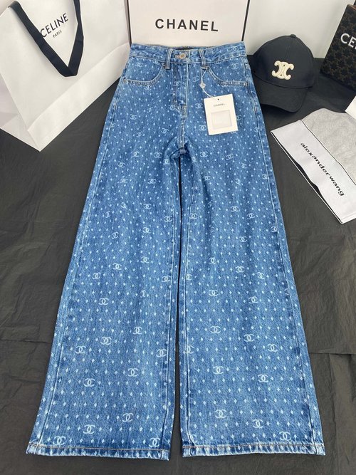 Chanel Polka Dot Wide Leg Straight Jeans, Elegant and Slimming