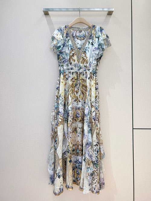 Ami Baroque Blue Floral Silk Dress with V-Neck and Drawstring Waist