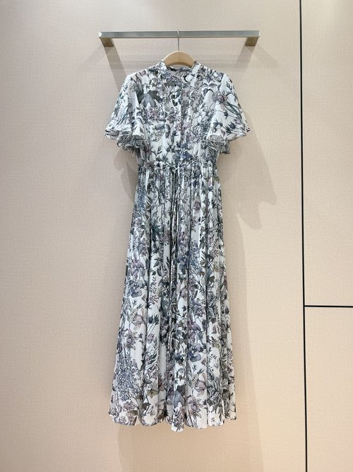 Dior Cotton Dress with Floral Patterns and Adjustable Waist