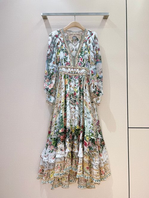 Ami Baroque Silk Bubble Sleeve Dress with Layered Ruffles and Elastic Waist