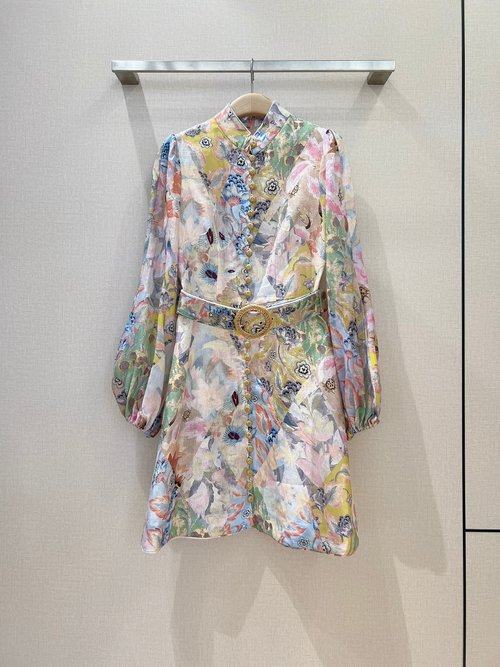 Zimmermann Multi-Color Floral Checkered Waist-Cinched Mini Dress