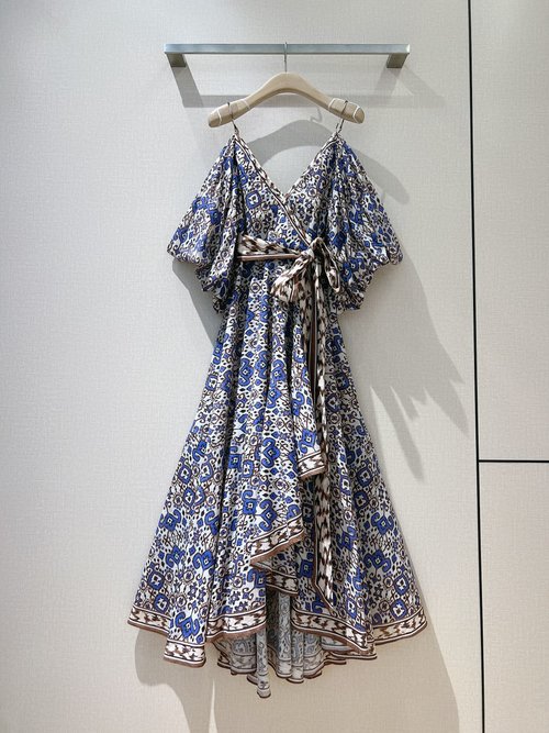 Zimmermann Wrap-Around Sleeveless Dress with Cornflower Blue Ikat Tie-Dye Design