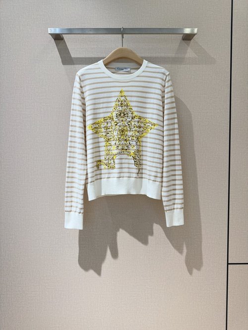 Dior Round-neck Striped Star Print Pullover with Floral Accents
