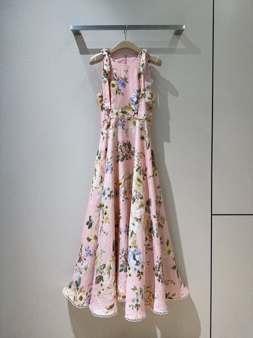 Zimmermann Pink Floral Print Sleeveless Mid-Length Dress with A-Skirt in Linen