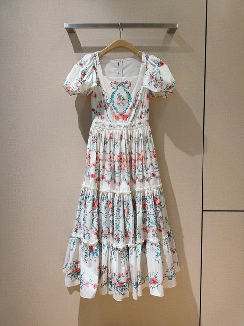 Dior Retro Square-Neck Cotton Dress with Small Floral Prints and A-Line Skirt