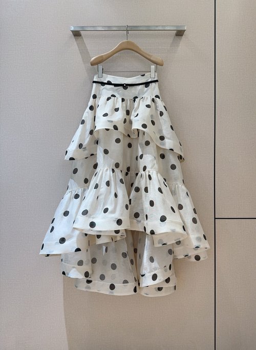 Zimmermann Polka-dot Skirt with Ruffled Hem in Silk-linen Blend