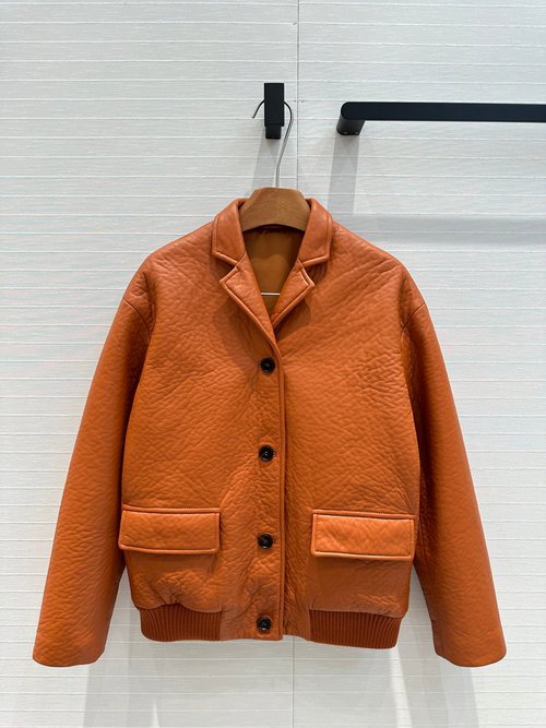 Miu Miu Premium Single-breasted Small Collar Lambskin Jacket with Embroidered Logo