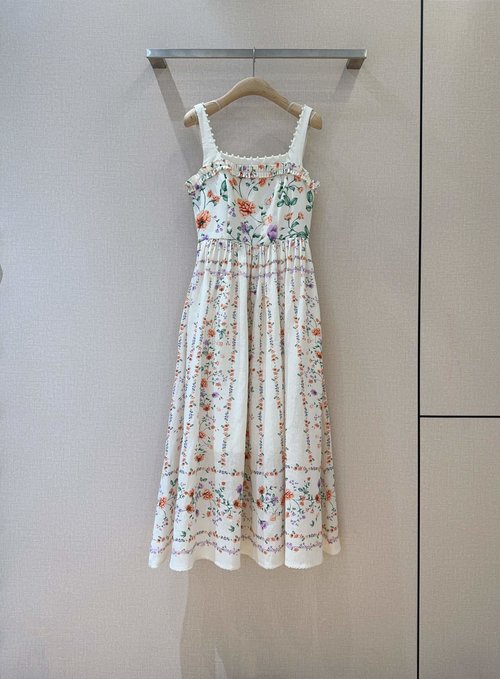 Dior Linen Sling Dress with Vintage Floral Patterns and Pearl Trim