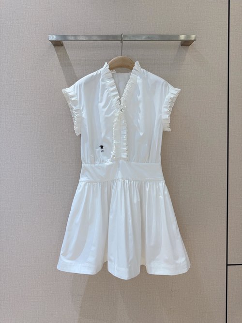 Dior Organ Pleat Lace Shirt Dress with CD Embroidered Logo, Exuding Sweetness and Elegance