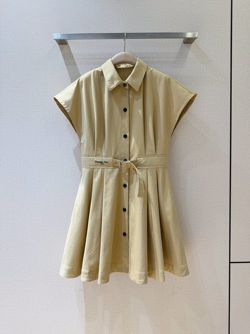 Dior Solid Color Collared Cotton Short Dress, Elegant Design