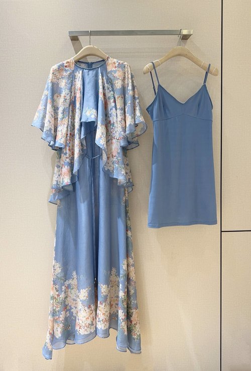 Zimmermann Tea Blue Plant Flower Pattern Cascading Long Dress with Detachable Belt