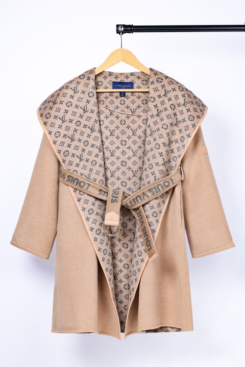Louis Vuitton Camel Blue-bottom Floral Long Coat, Premium Wool Silk Material