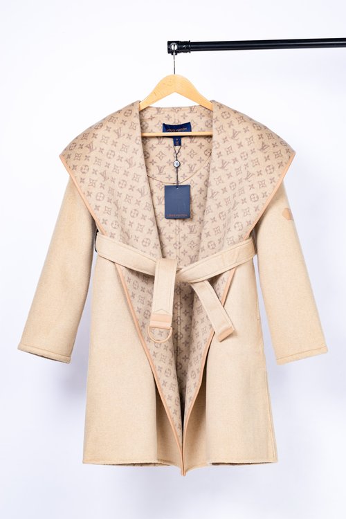Louis Vuitton Long Camel Small-flowered Wool-Silk Blend Coat