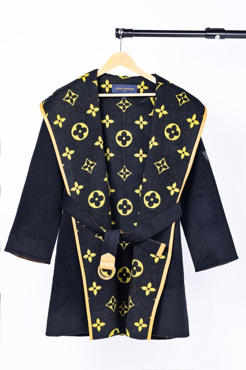 Louis Vuitton Long Black-and-yellow Small-flowered Wool-Silk Blend Coat