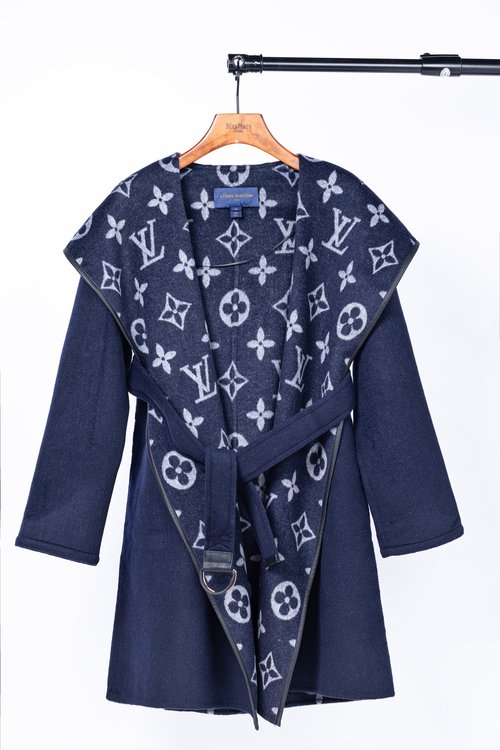 Louis Vuitton Navy Mid-flower Long Coat, Classic Wool Silk Composition