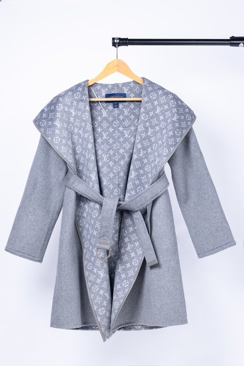 Louis Vuitton Grey Floral Long Coat, Sophisticated Wool Silk Fabric