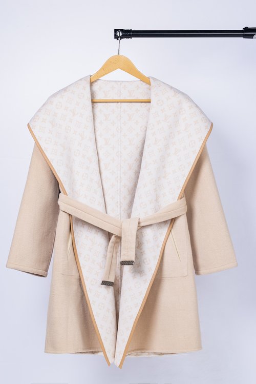 Louis Vuitton Long Beige Double-sided Small-flowered Wool-Silk Blend Coat