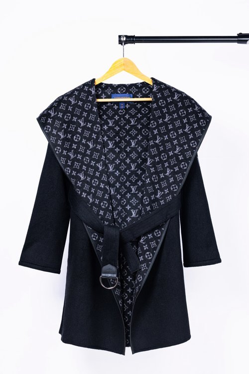 Louis Vuitton Long Black Small-flowered Wool-Silk Blend Coat