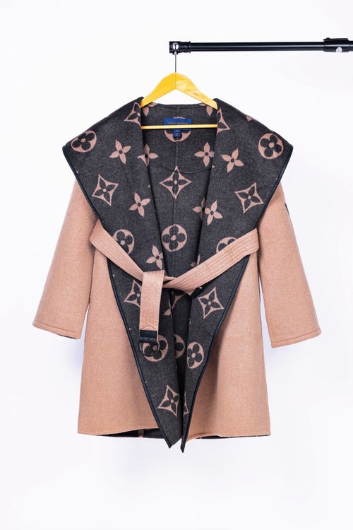 Louis Vuitton Camel Black Big Flower Long Coat, Classic Wool Silk Blend