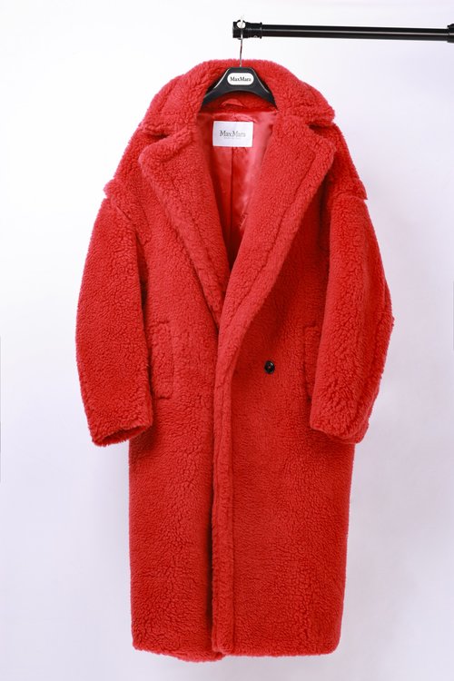Max Mara Long Teddy Bear Coat in Carmine, Alpaca, Wool and Silk Blend