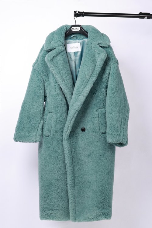 Max Mara Teddy Bear Long Garment in Sage Green, Blend of Alpaca, Wool, and Silk