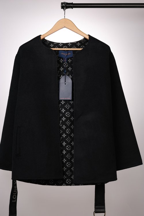 Louis Vuitton Round Neck Black Short Coat, Sophisticated Wool Silk Blend