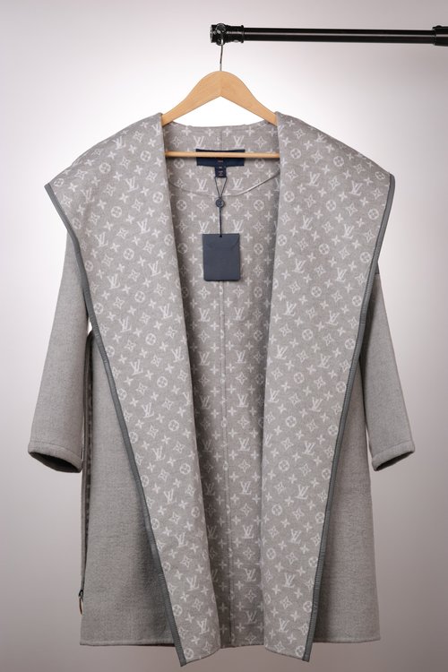 Louis Vuitton Long Light Gray Small Flower Wool-Silk Blend Coat