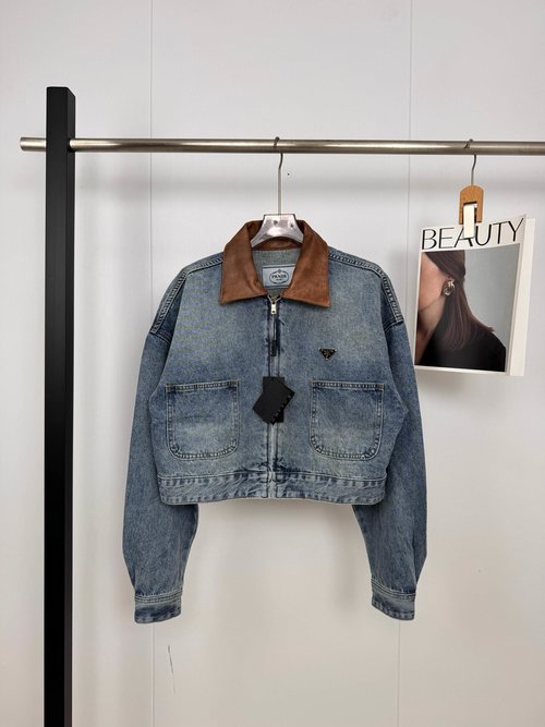 Prada Contrast Collar Leather-patched Short Denim Jacket