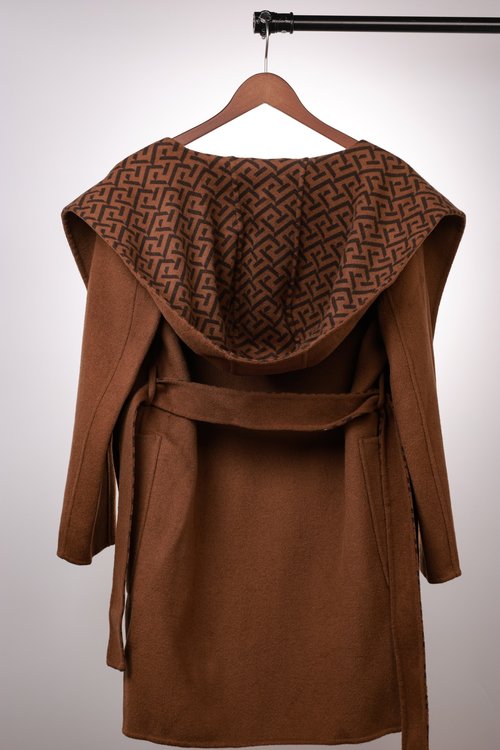 Fendi Caramel Jacquard Medium - length Coat of Pure Wool with Dust Bag