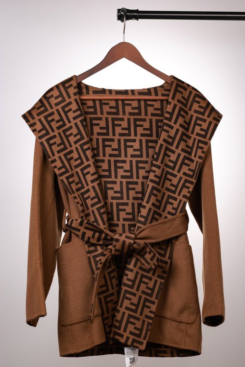 Fendi Caramel Jacquard Short Coat of Pure Wool with Dust Bag