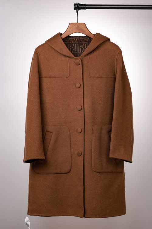 Fendi Caramel Hooded Buttoned Medium-length Wool Coat with Dust Bag