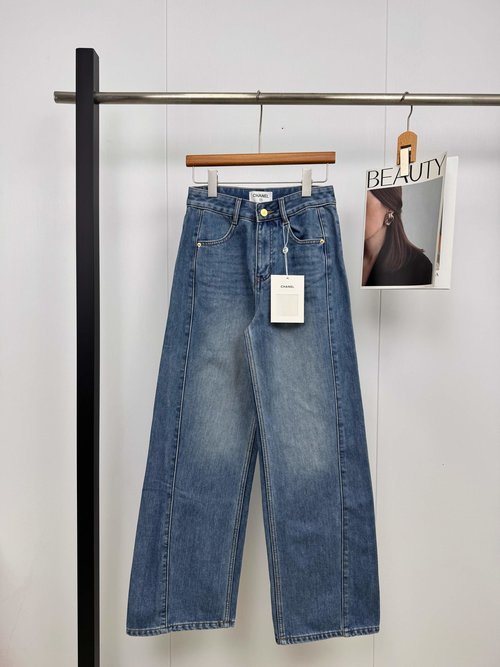 Chanel Custom Twill Denim Straight Pants with Back Pocket Letter Design