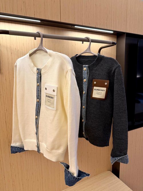 Burberry Denim-stitched Knit Cardigan in Gray and White