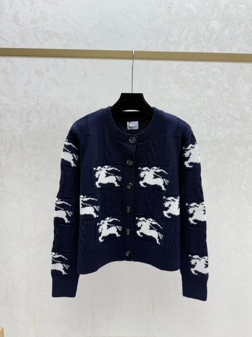 Burberry Contrast Color War Horse Jacquard Round Neck Knitted Long Sleeve Cardigan in Red and Royal Blue