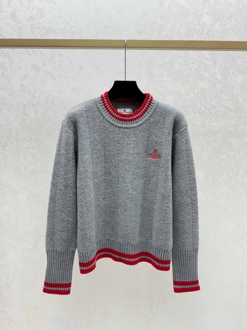 Vivienne Westhood Contrasting Stripe Round-Neck Long-Sleeved Knitted Top in Pink, Gray, and Black