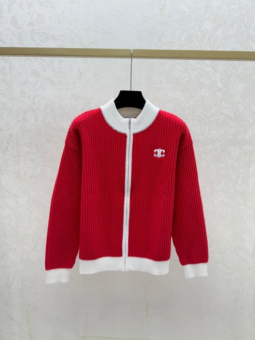 Celine Color-Blocking Simple Round Neck Knit Long Sleeve Cardigan