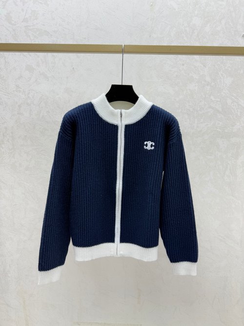 Celine Color-Blocking Simple Round Neck Knit Long Sleeve Cardigan