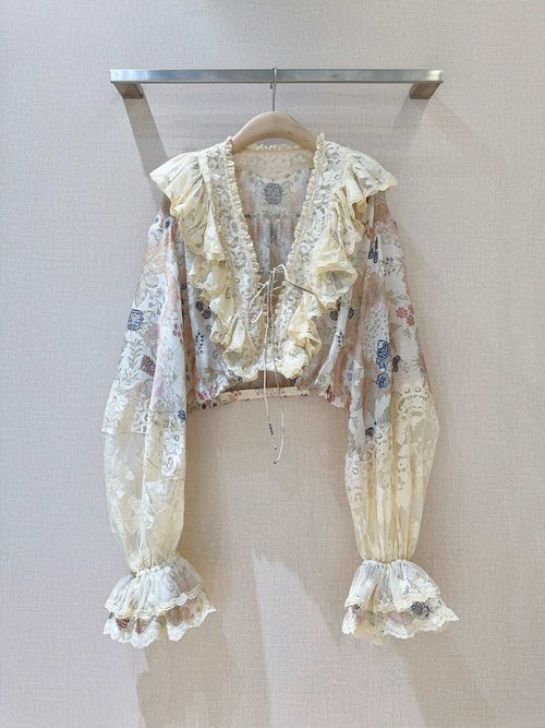 Zimmermann Silk-Linen Blend Short Blouse with Deep V-Neck and Lace Hem