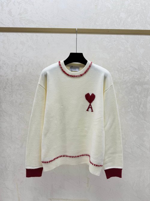 Ami Contrasting Color Heart & Letter Round Neck Knit Long Sleeve in Red, Blue