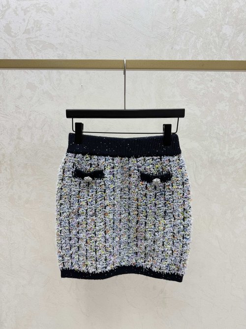 Chanel Color-Blocked Sequin Knit Skirt in White, Pink and Black