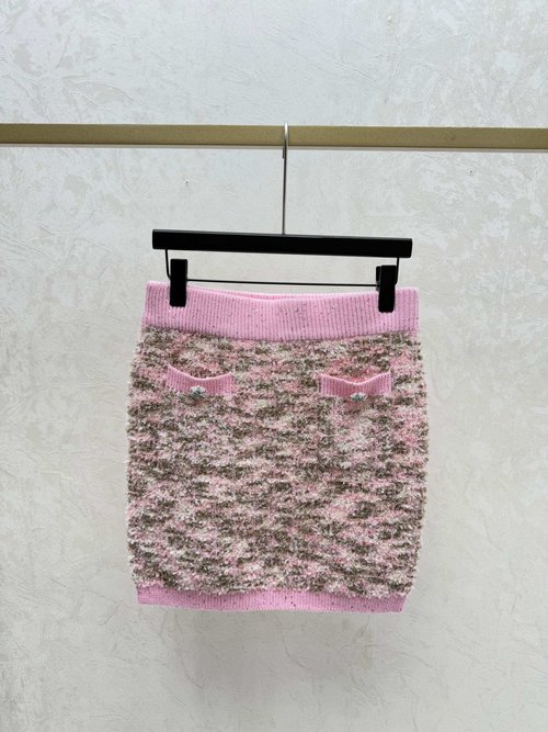 Chanel Color-Blocked Sequin Knit Skirt in White, Pink and Black