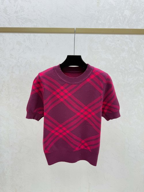 Burberry Contrast-Color Checkered Yellow Red Black Knit Short-Sleeve Top