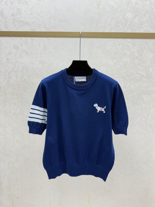 Thom Browne White, Gray and Blue Contrasting Stripe Round-Neck Top