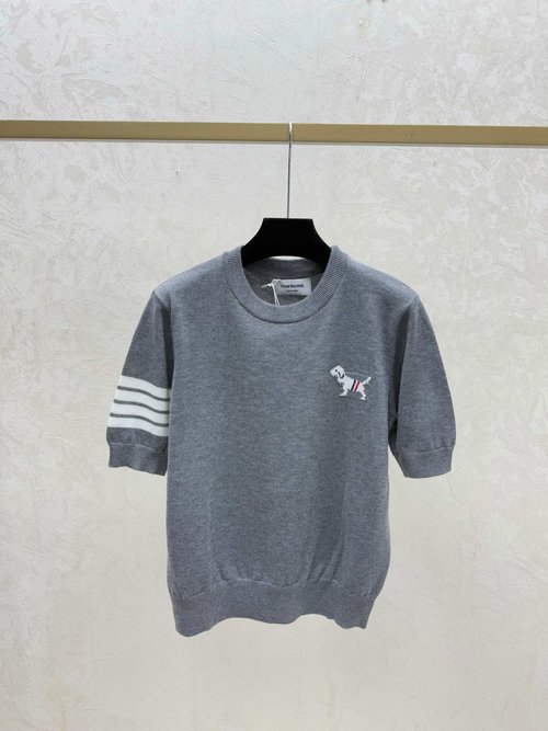 Thom Browne White, Gray and Blue Contrasting Stripe Round-Neck Top