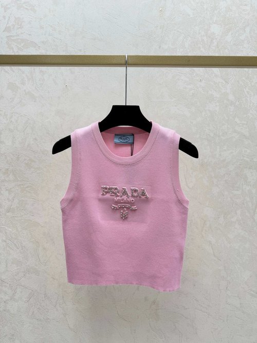 Prada Solid Color Letter Beaded Round-Neck Knit Vest in White, Pink, Black